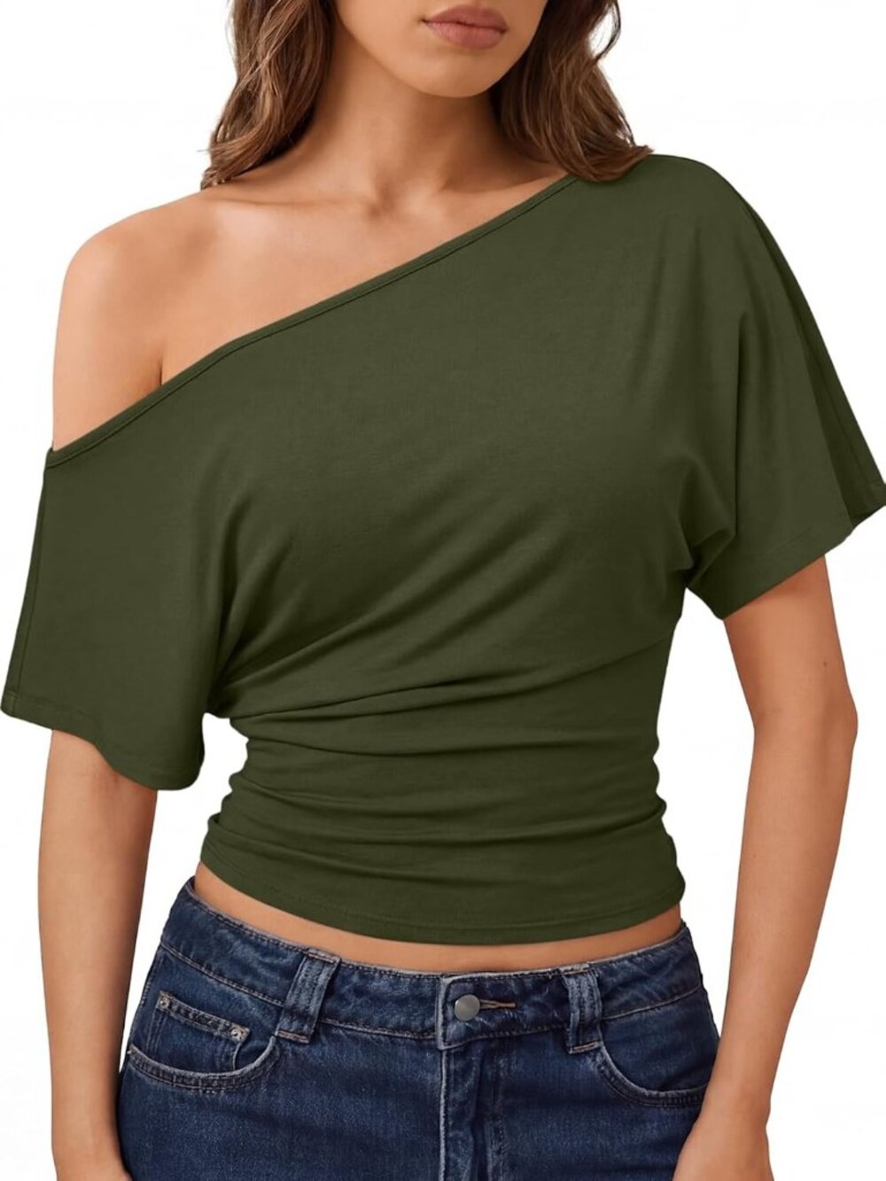 〽️ Women's Army Green Off Shoulder Y2k Shirt Wrap Cinched Waist Casual Crop Top